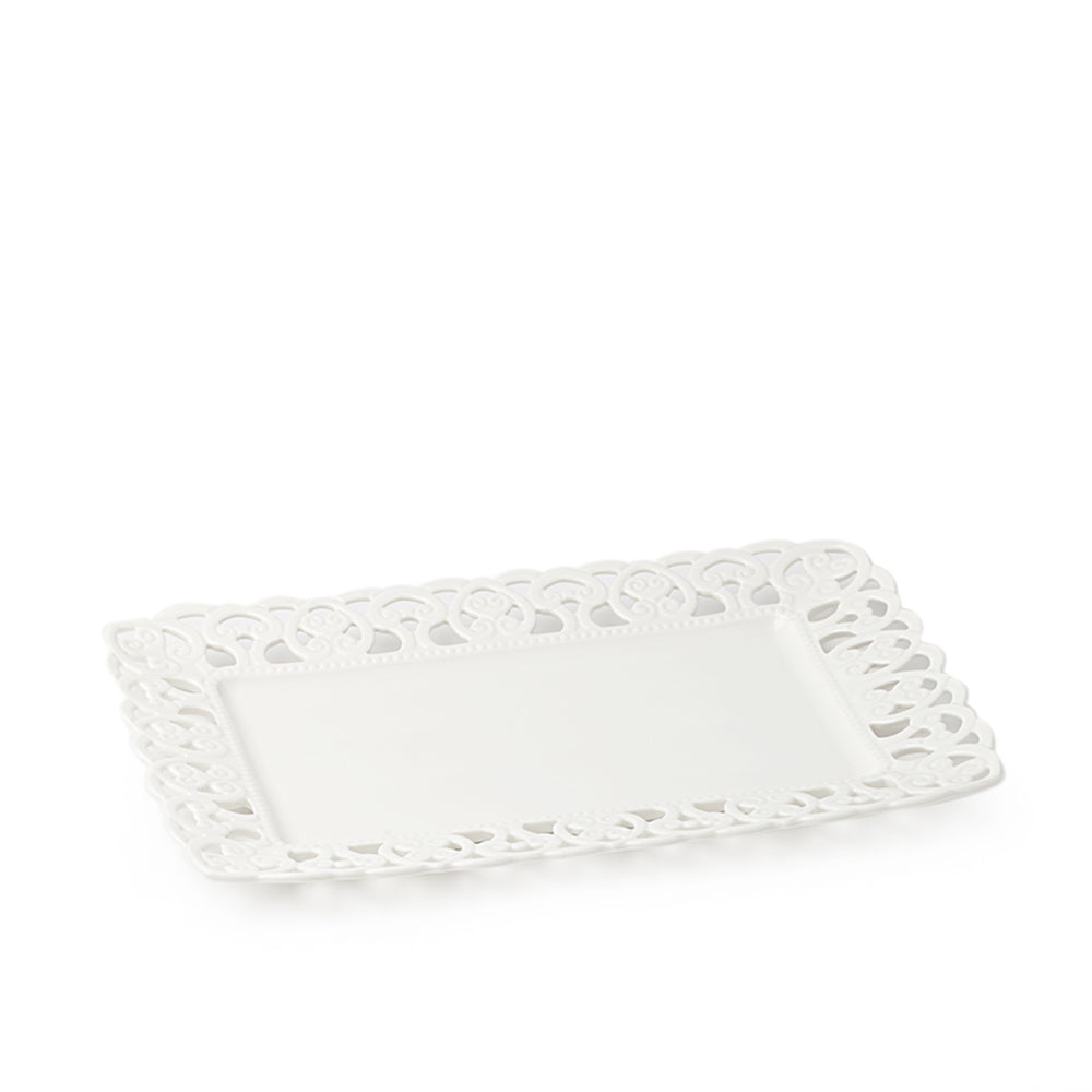Vassoio, in porcellana, traforato bianco, misura 41x28 cm. Hervit Creations