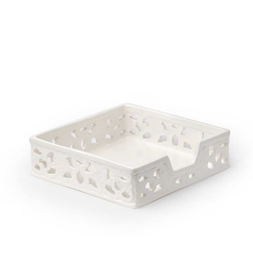 Portatovaglioli traforato, in ceramica, bianco, misura 20x20x6 cm. Hervit Creations