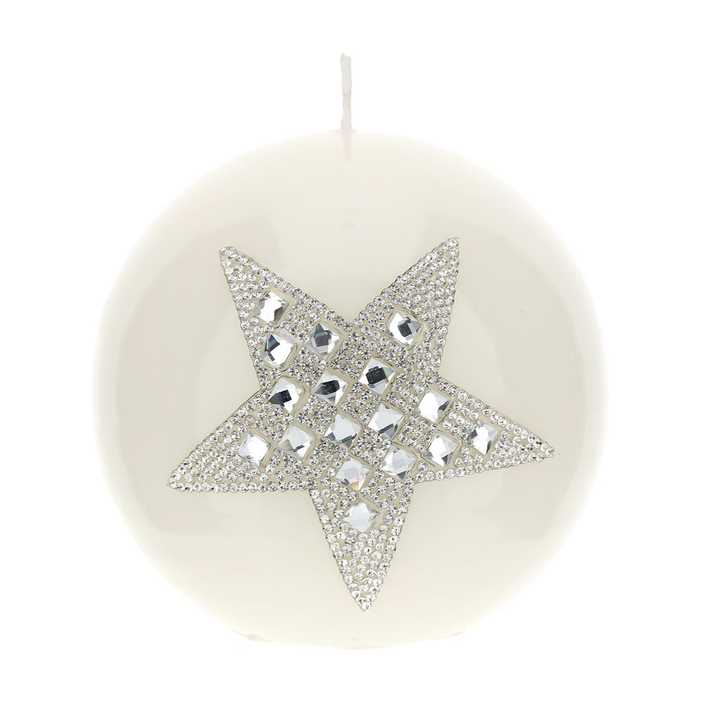 Candela sfera laccata, con stella in strass, colore bianco, D. 10 cm. Hervit Creations