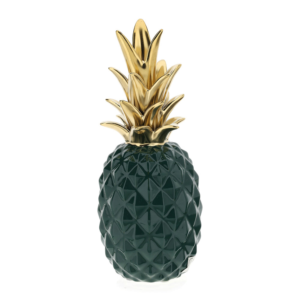 Contenitore Ananas in gres, colore verde e oro, 19x46cm. Hervit Creations