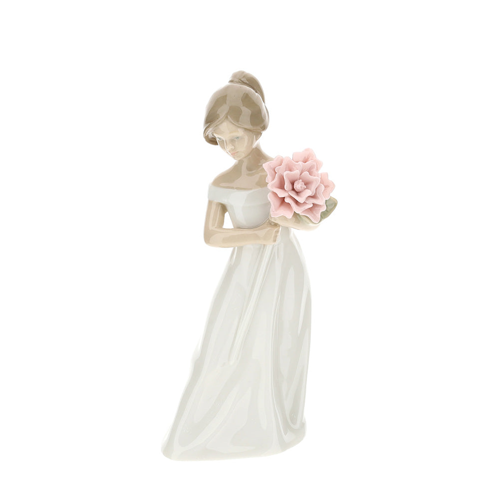 Laila, in porcellana bianca, con fiore rosa. Hervit Creations