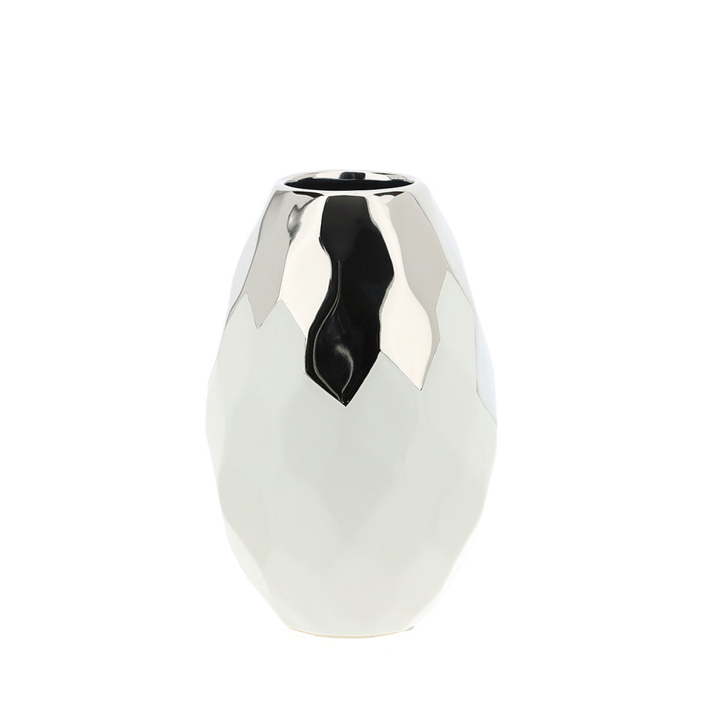 Vaso in gres esagoni, bianco e argento, misura piccola, 13x21 cm. Hervit Creations