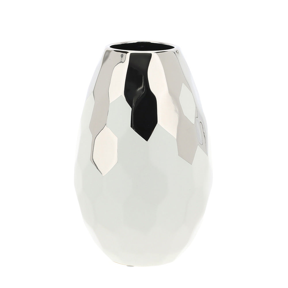 Vaso in gres esagoni, bianco e argento, misura media, 17x26 cm. Hervit Creations