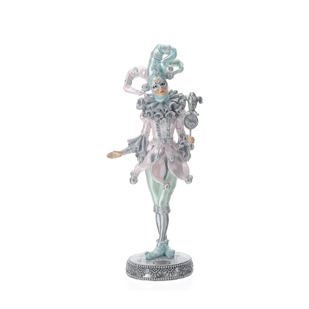 Giullare &quot;Venice&quot;, in resina, su base argento, colore rosa e verde chiaro, H.38 cm. Hervit Creations