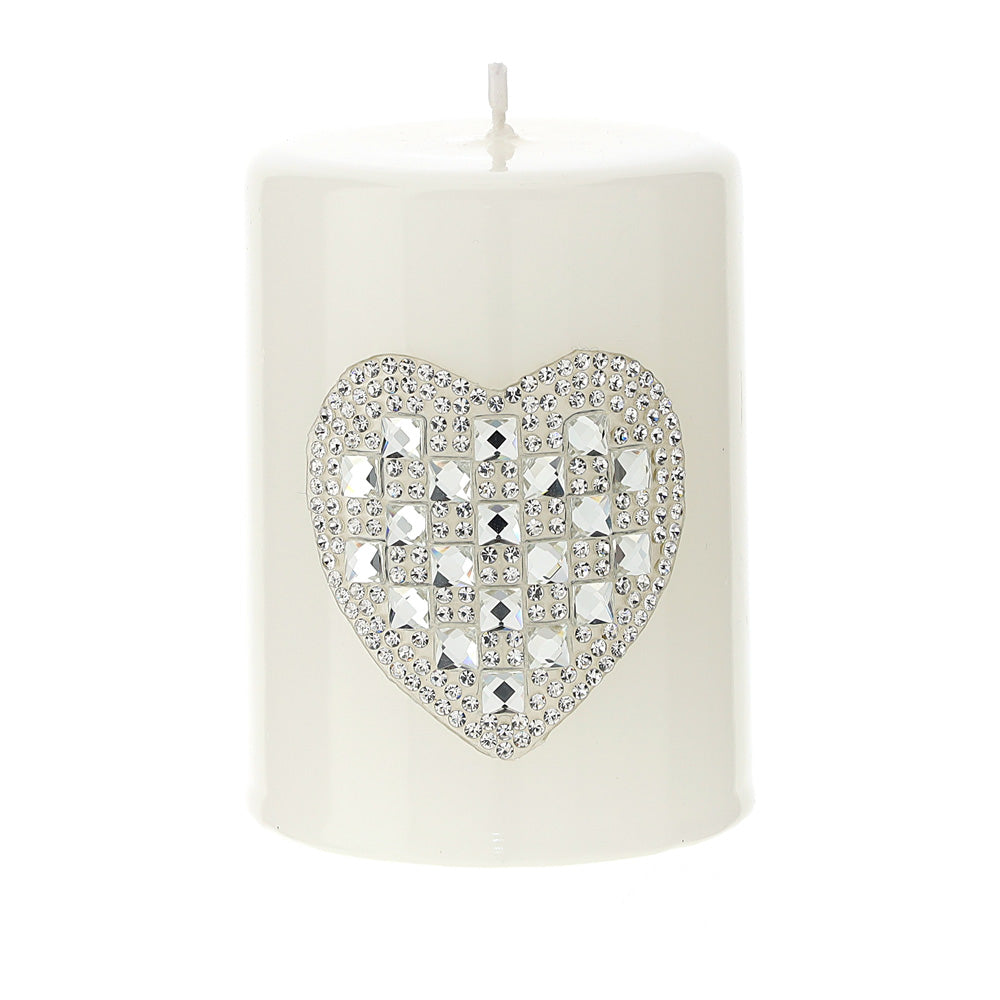 Candela moccolo laccata, con cuore in strass, colore bianco, H.8xD6 cm. Hervit Creations