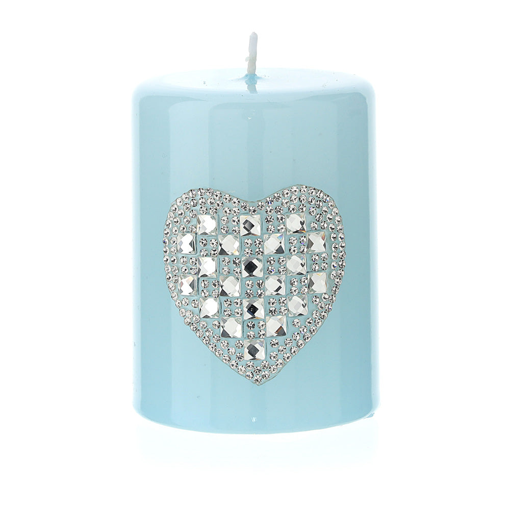 Candela moccolo laccata, con cuore in strass, colore azzurro, H.8xD6 cm. Hervit Creations