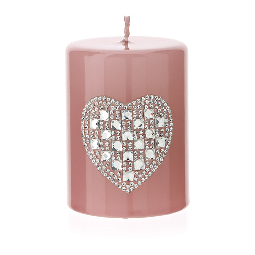 Candela moccolo laccata, con cuore in strass, colore rosa, H.8xD6 cm. Hervit Creations