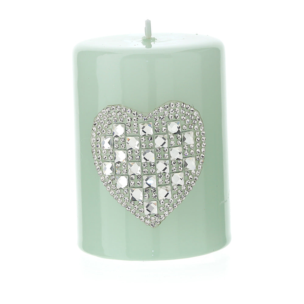 Candela moccolo laccata, con cuore in strass, colore verde, H.8xD6 cm. Hervit Creations