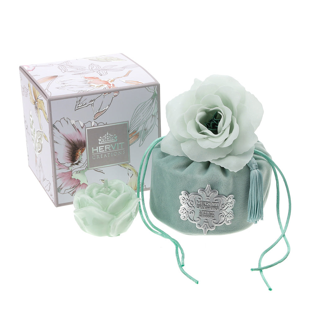 Secchiello in velluto, con rosa, colore verde, H.10.5xD10 cm. Hervit Creations