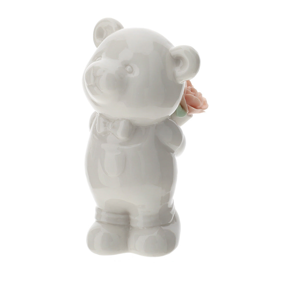 Orsetto, in porcellana bianca, con rose rosa. Hervit Creations