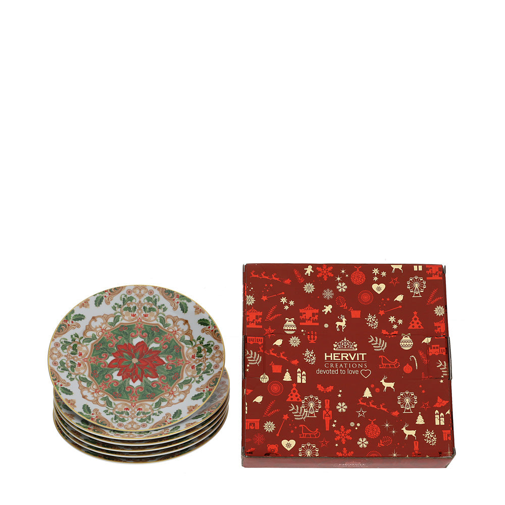 Servizio piatti da 12 (36pezzi) natalizio rosso, verde e oro in porcellana. Hervit Creations