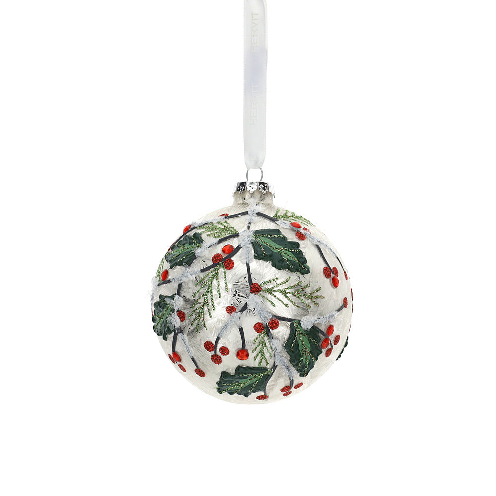 Palla in vetro soffiato, con foglie e bacche, colore verde e rosso, D. 10cm. HERVIT CREATIONS