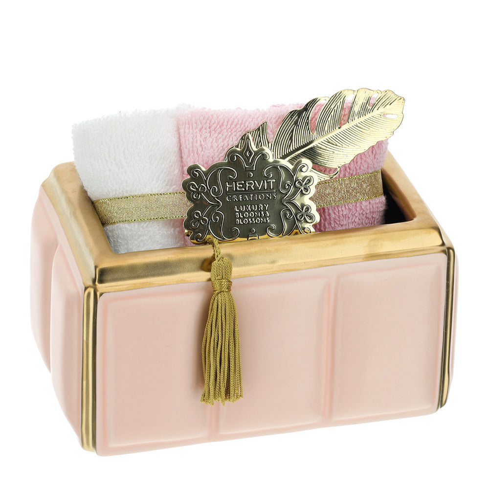 Contenitore rettangolare rosa e oro, in ceramica, con 3lavette colorate. Hervit Creations