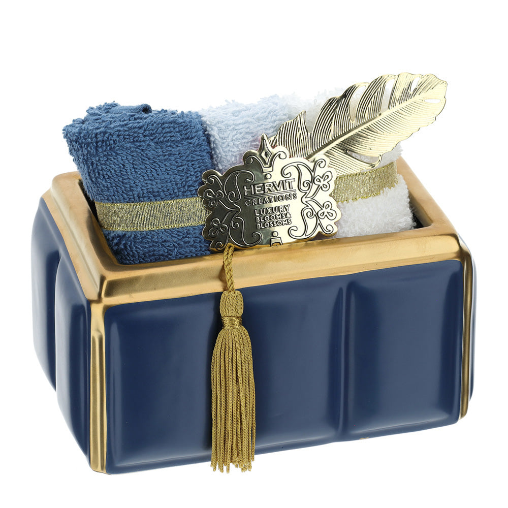Contenitore rettangolare blu e oro, in ceramica, con 3lavette colorate. Hervit Creations