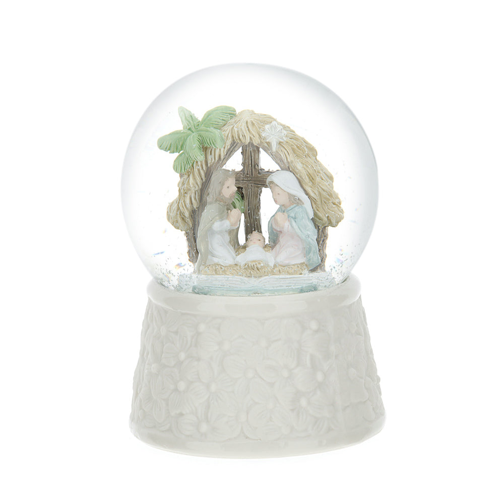 Palla acqua/neve con Sacra famiglia e capanna, misura piccola 6.5x10 cm. Hervit Creations