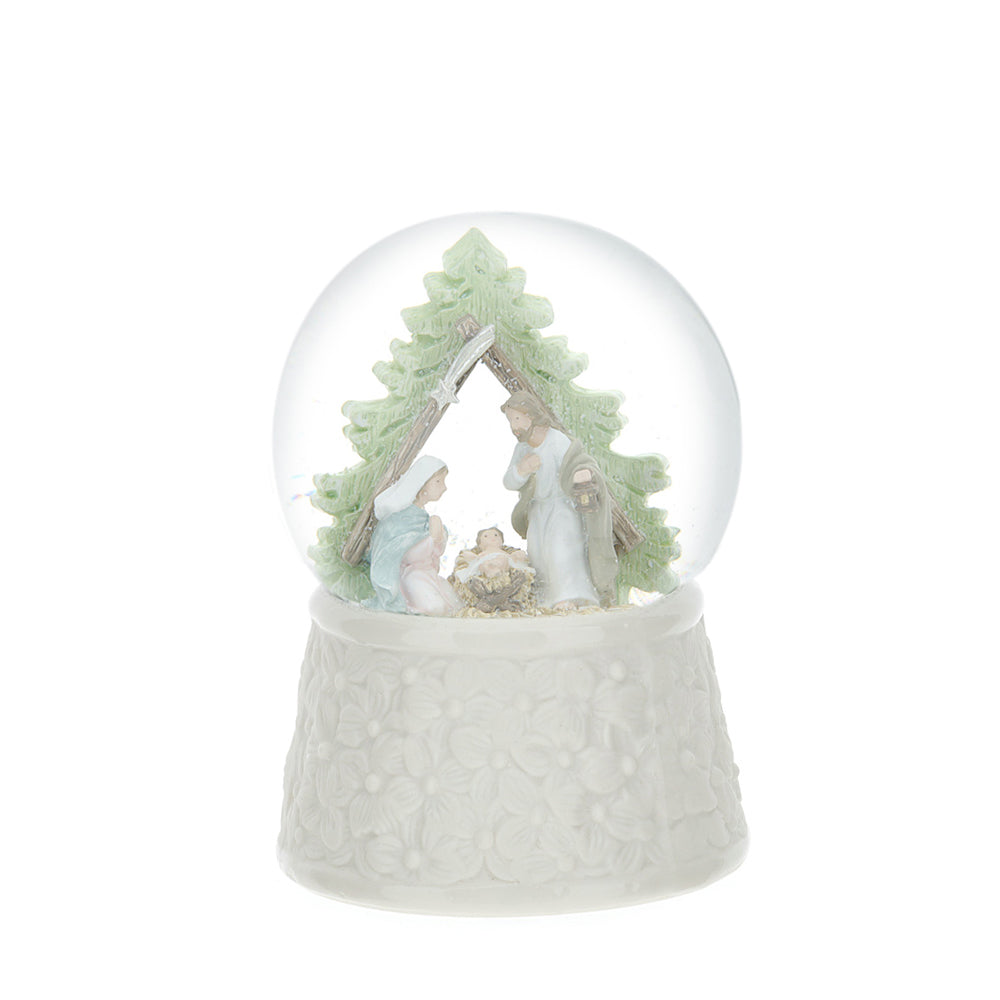 Palla acqua/neve con Sacra famiglia e capanna, misura media 10x16 cm. Hervit Creations