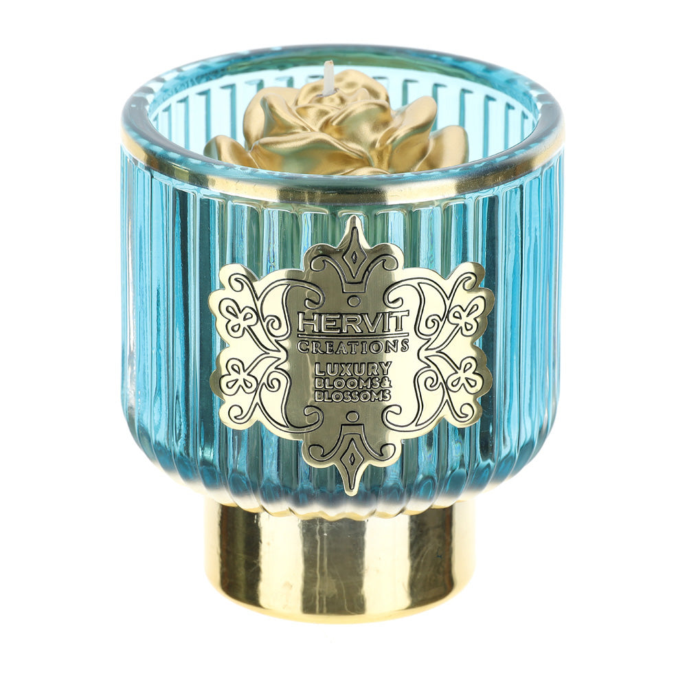 Portacandela, in vetro, colore blu e oro. Hervit Creations