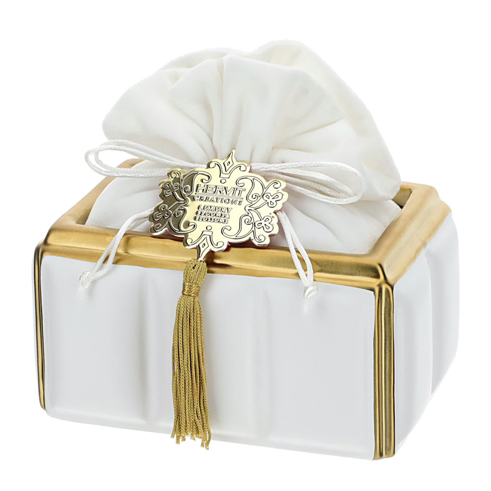 Contenitore rettangolare, in ceramica, con sacchettone velluto, bianco e oro. Hervit Creations