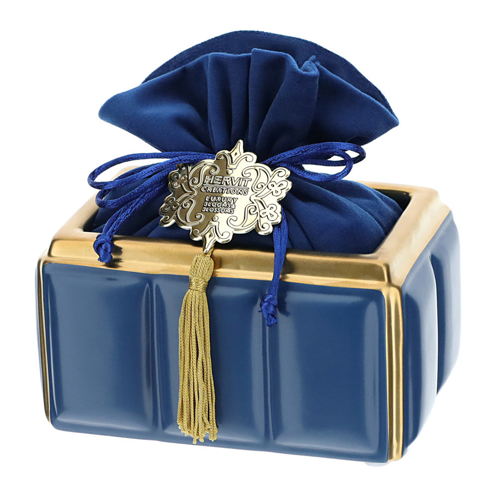 Contenitore rettangolare, in ceramica, con sacchettone velluto, blu e oro. Hervit Creations