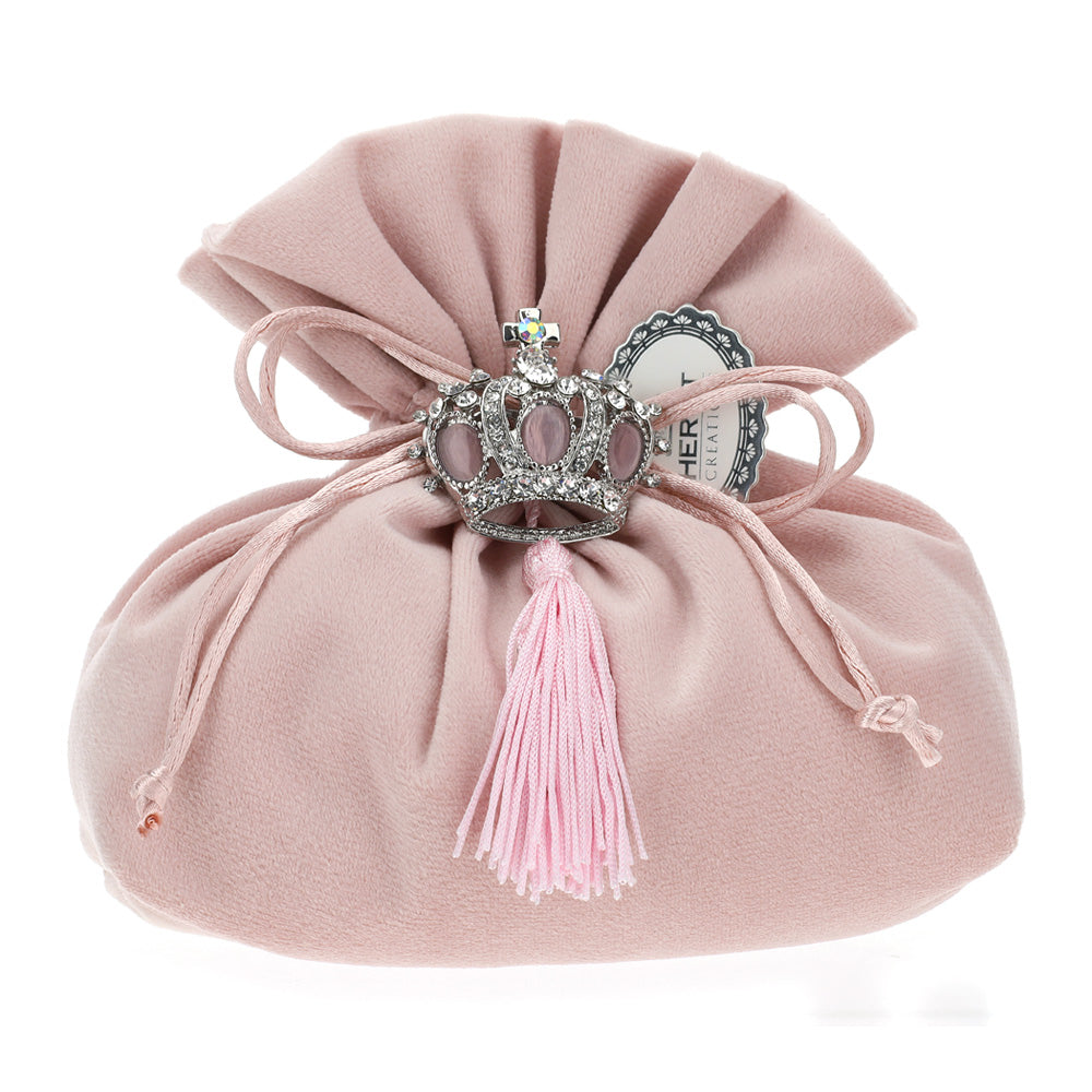 Sacchetto in velluto, con spilla corona, colore rosa, 15x7x16 cm. Hervit Creations