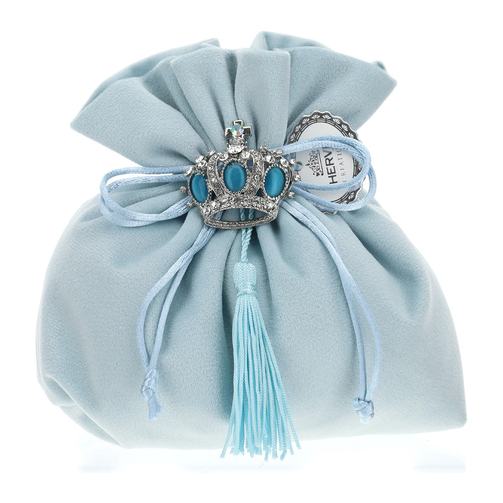Sacchetto in velluto, con spilla corona, colore azzurro, 15x7x16 cm. Hervit Creations