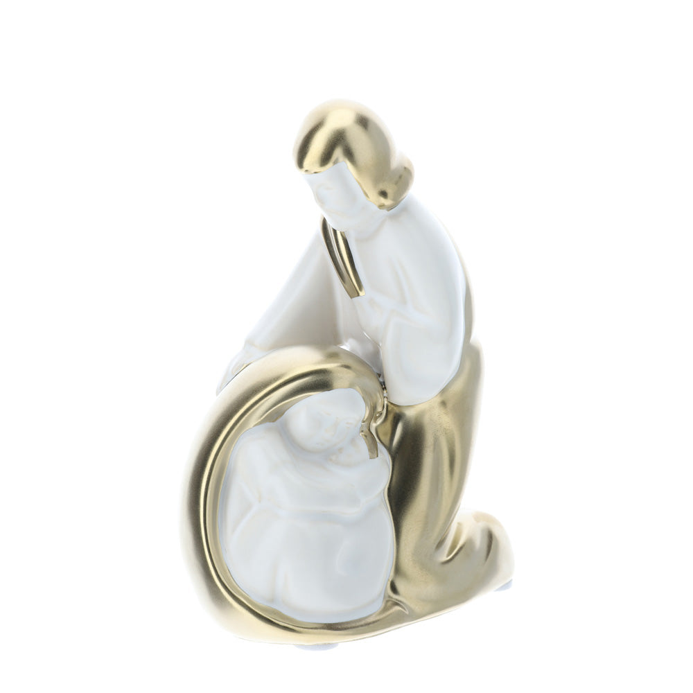 Sacra famiglia, in gres, bianco e oro, H.12.5 cm. Hervit Creations