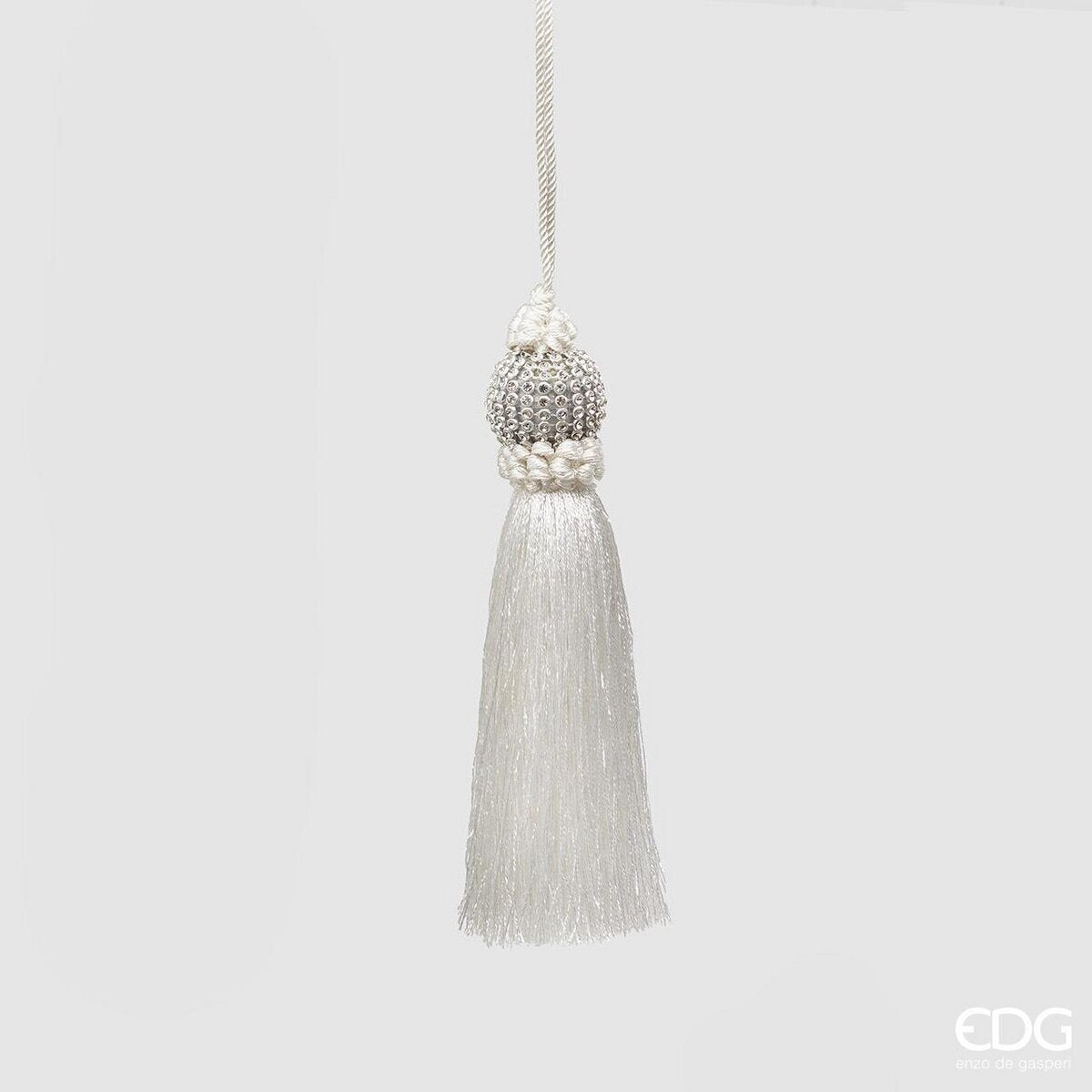 Decoro nappa "Jewel", con frangia lunga, colore bianco e brillantini argento, misura H.15 cm. EDG