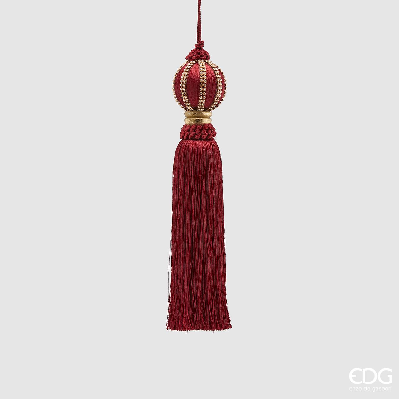Decoro nappa "Gem Meridian.", con frangia lunga, colore bordeaux e pietre oro, misura H.27 x D.6 cm. EDG