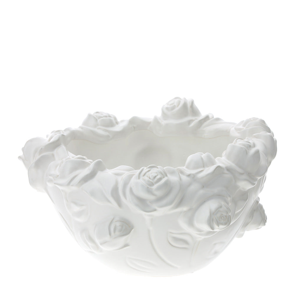Ciotola scultura rose, in gres, colore bianco, misura 28x18cm. Hervit Creations