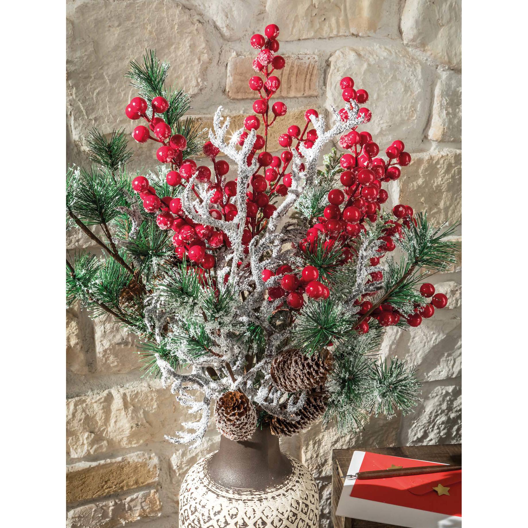 Decorazione floreale natalizia, ramo di Natale nevoso bianco. L'oca nera