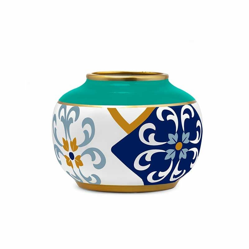 Vaso bombato "Alhambra", in Porcellana, colore blu bianco verde e oro. Marca Fade