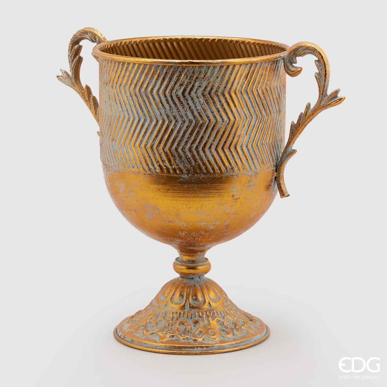 Vaso coppa con manici, colore oro anticato, misura grande H. 41 x D27 cm. EDG