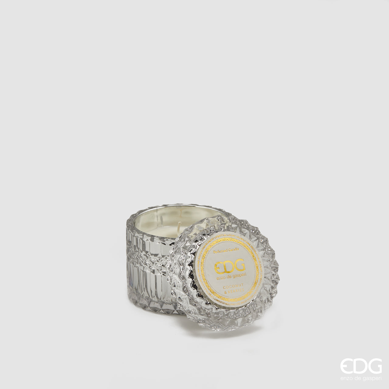 Candela profumata in vetro, con coperchio Crystal, misura piccola, colore bianco, H.8.5xD9 cm. EDG