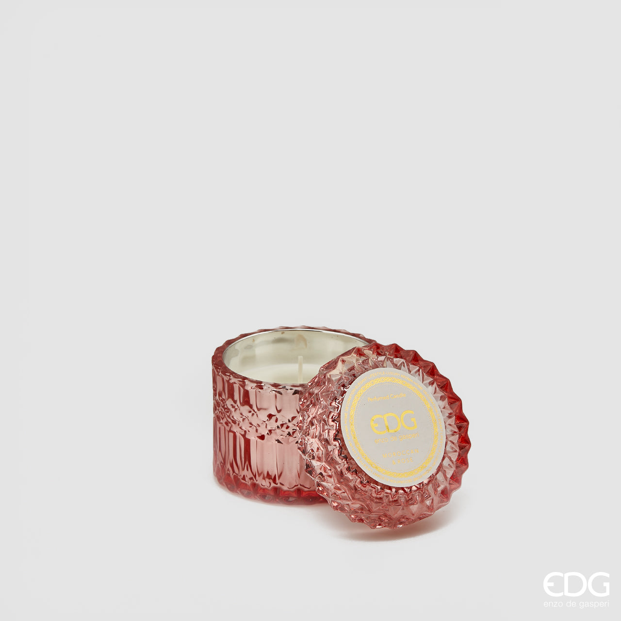 Candela profumata in vetro, con coperchio Crystal, misura piccola, colore rosa, H.8.5xD9 cm. EDG