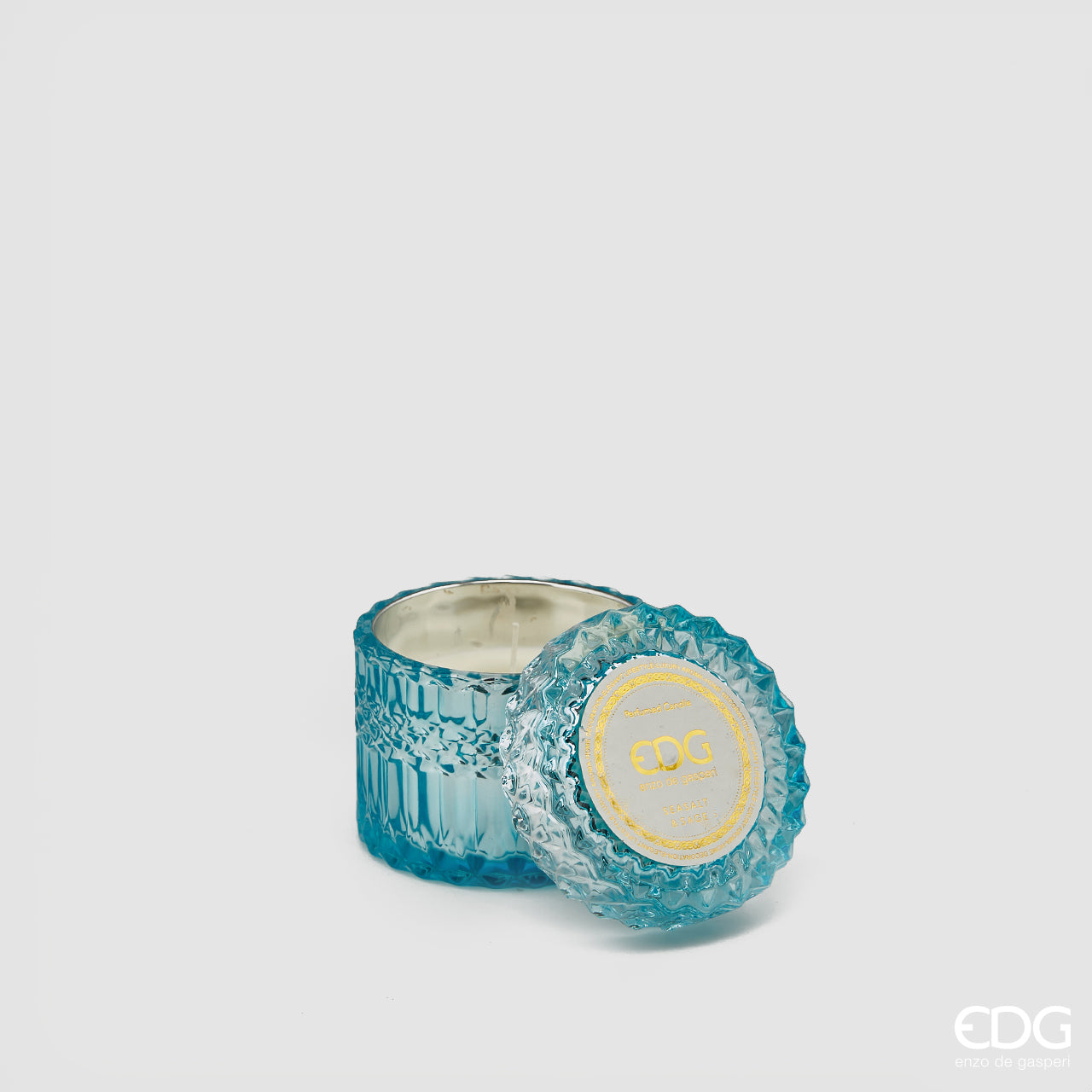 Candela profumata in vetro, con coperchio Crystal, misura piccola, colore azzurro, H.8.5xD9 cm. EDG