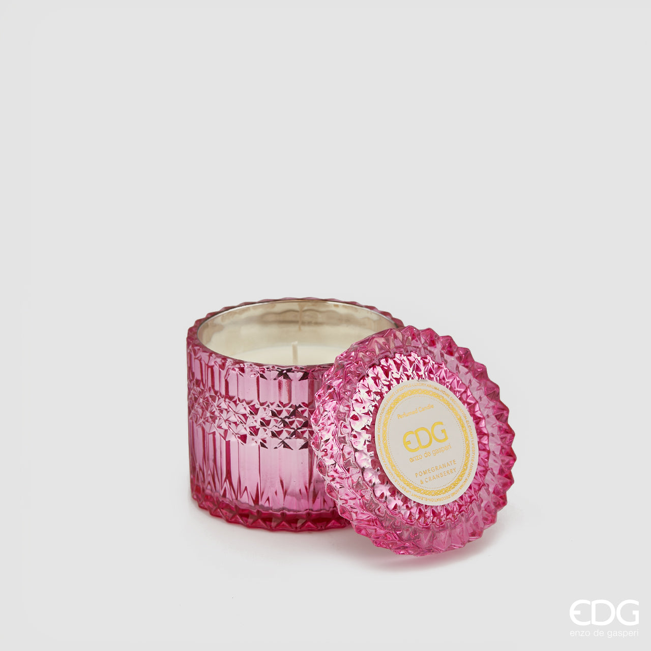 Candela profumata in vetro, con coperchio Crystal, misura grande, colore fucsia, H.10.5xD10.5 cm. EDG