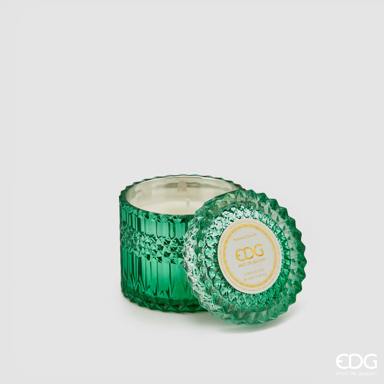 Candela profumata in vetro, con coperchio Crystal, misura grande, colore verde, H.10.5xD10.5 cm. EDG