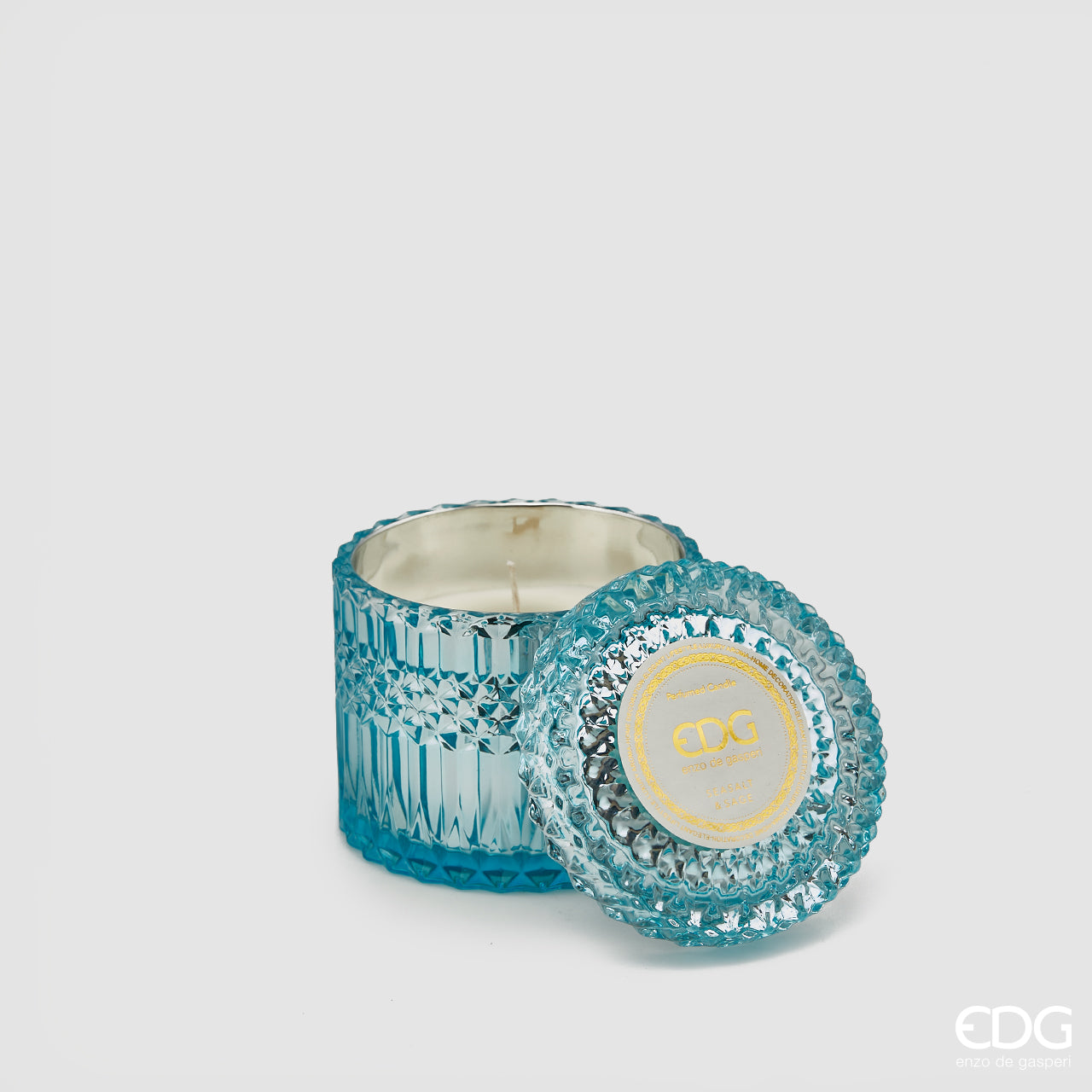 Candela profumata in vetro, con coperchio Crystal, misura grande, colore azzurro, H.10.5xD10.5 cm. EDG