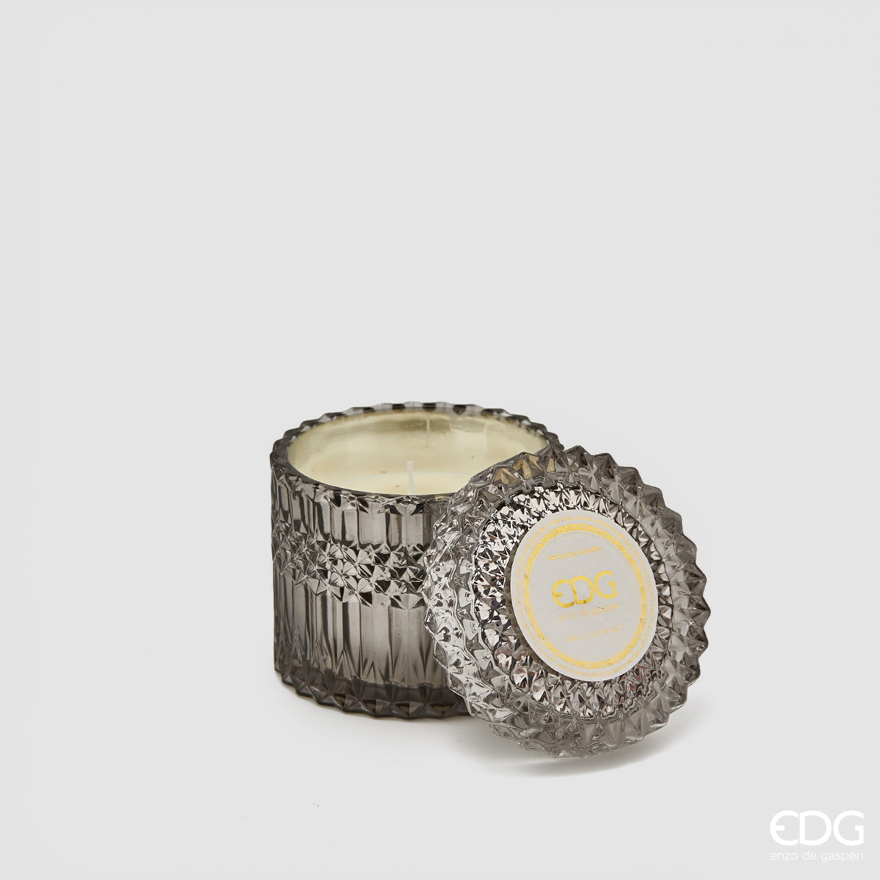 Candela profumata in vetro, con coperchio Crystal, misura grande, colore grigio, H.10.5xD10.5 cm. EDG