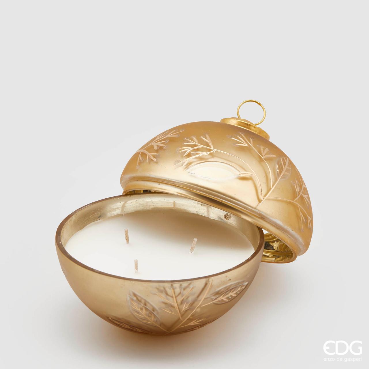 Candela in vetro sfera, decoro bacche, colore oro, misura D.13 cm. EDG