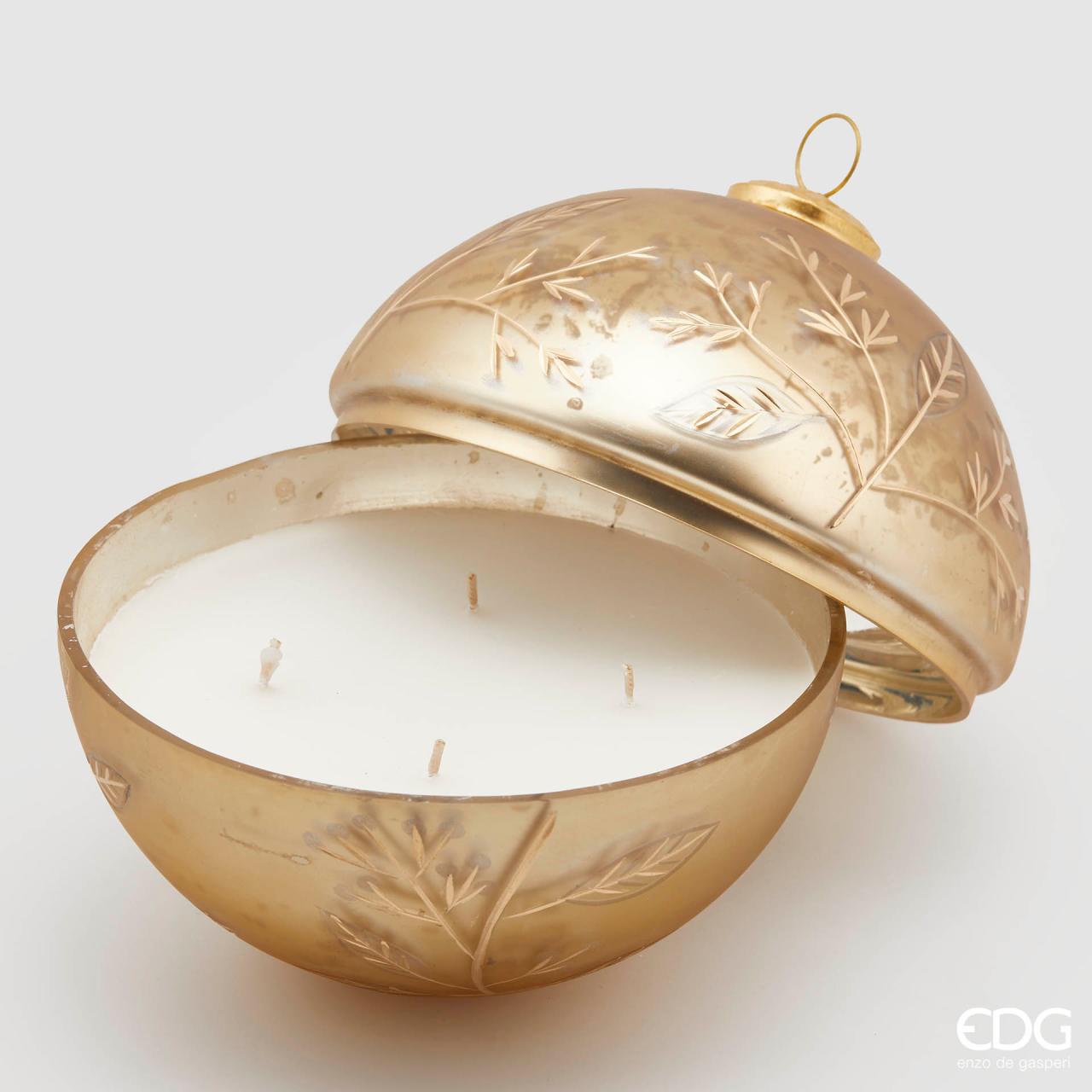 Candela in vetro sfera, decoro bacche, colore oro, misura D.18 cm. EDG