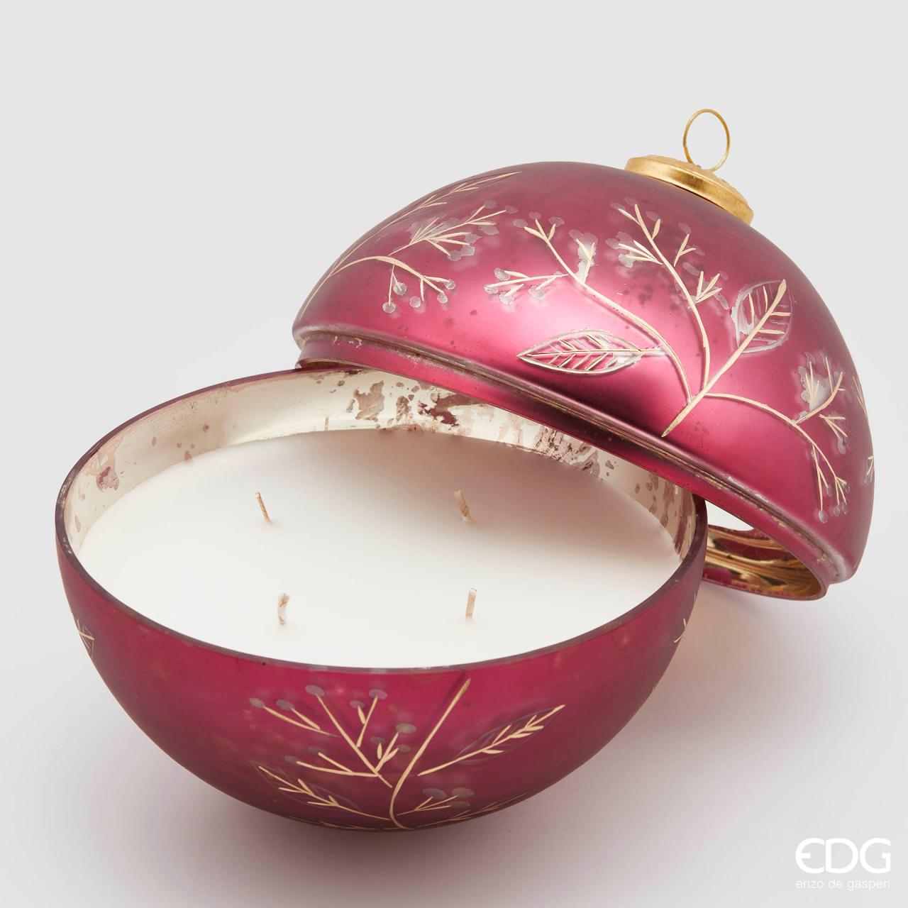 Candela in vetro sfera, decoro bacche, colore bordeaux, misura D.18 cm. EDG