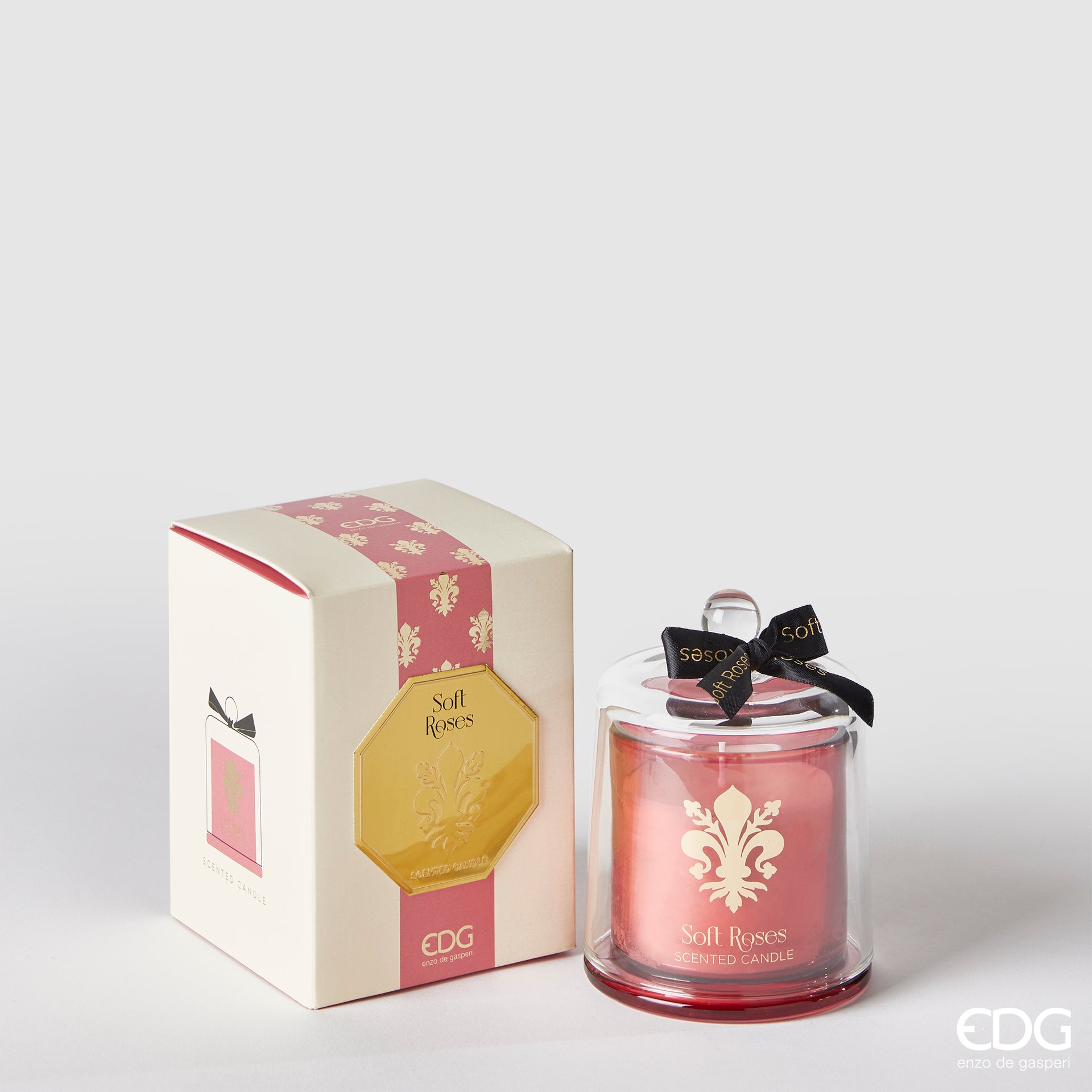 Candela profumata in vetro, con cupola Goldlily, colore rosa, H.15 cm. EDG