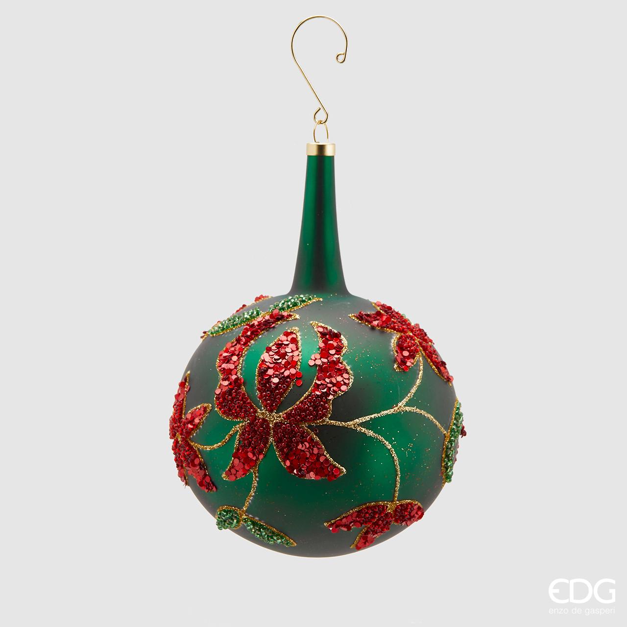 Palla vetro verde, "Neck", colore fiori rosso, misura grande, Diametro 12cm. EDG