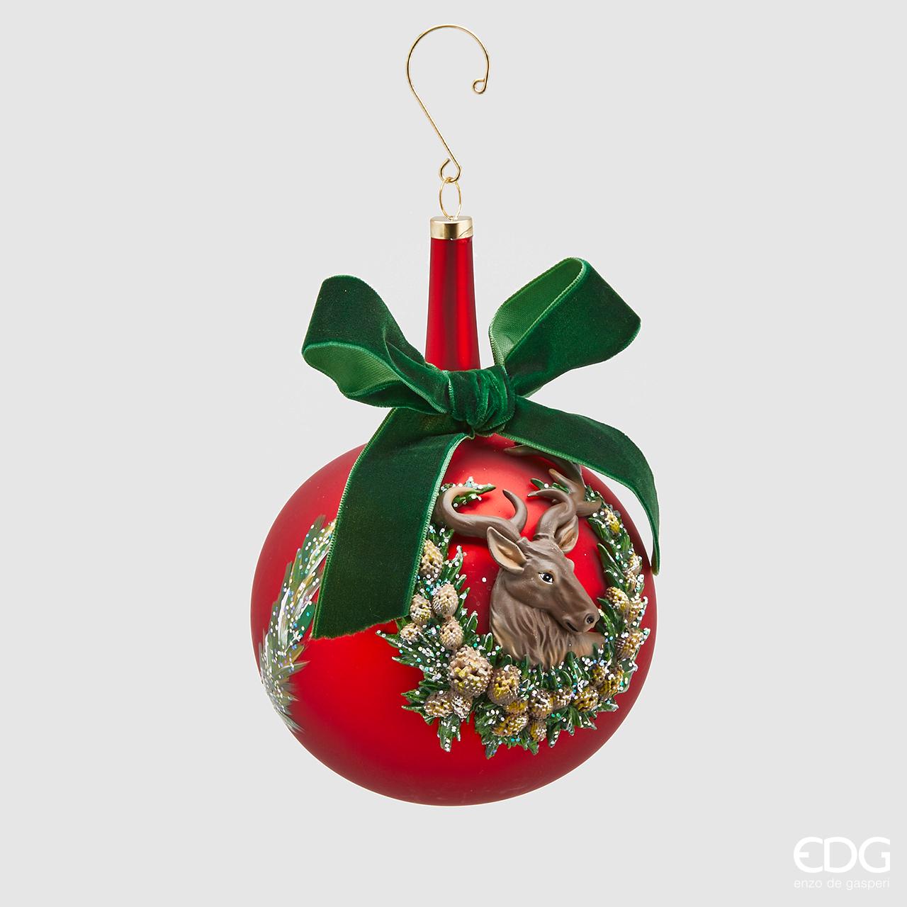 Palla collolungo, in vetro, con renna, colore rosso, D. 12cm. EDG