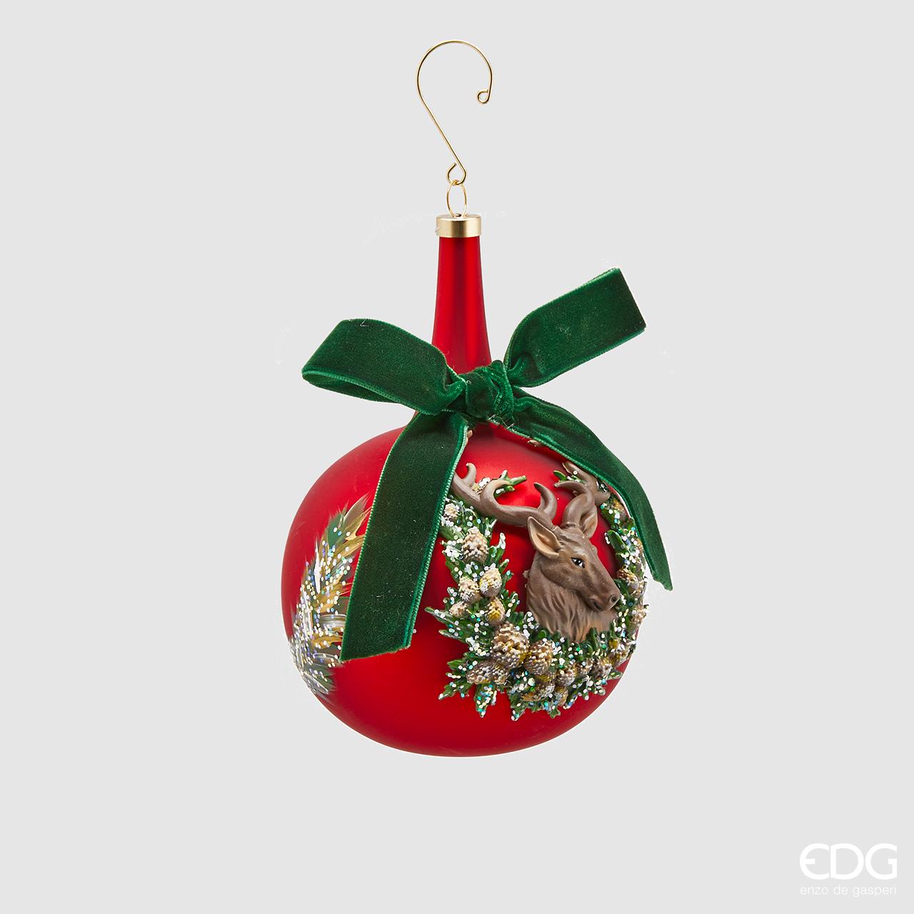 Palla collolungo, in vetro, con renna, colore rosso, D. 10cm. EDG