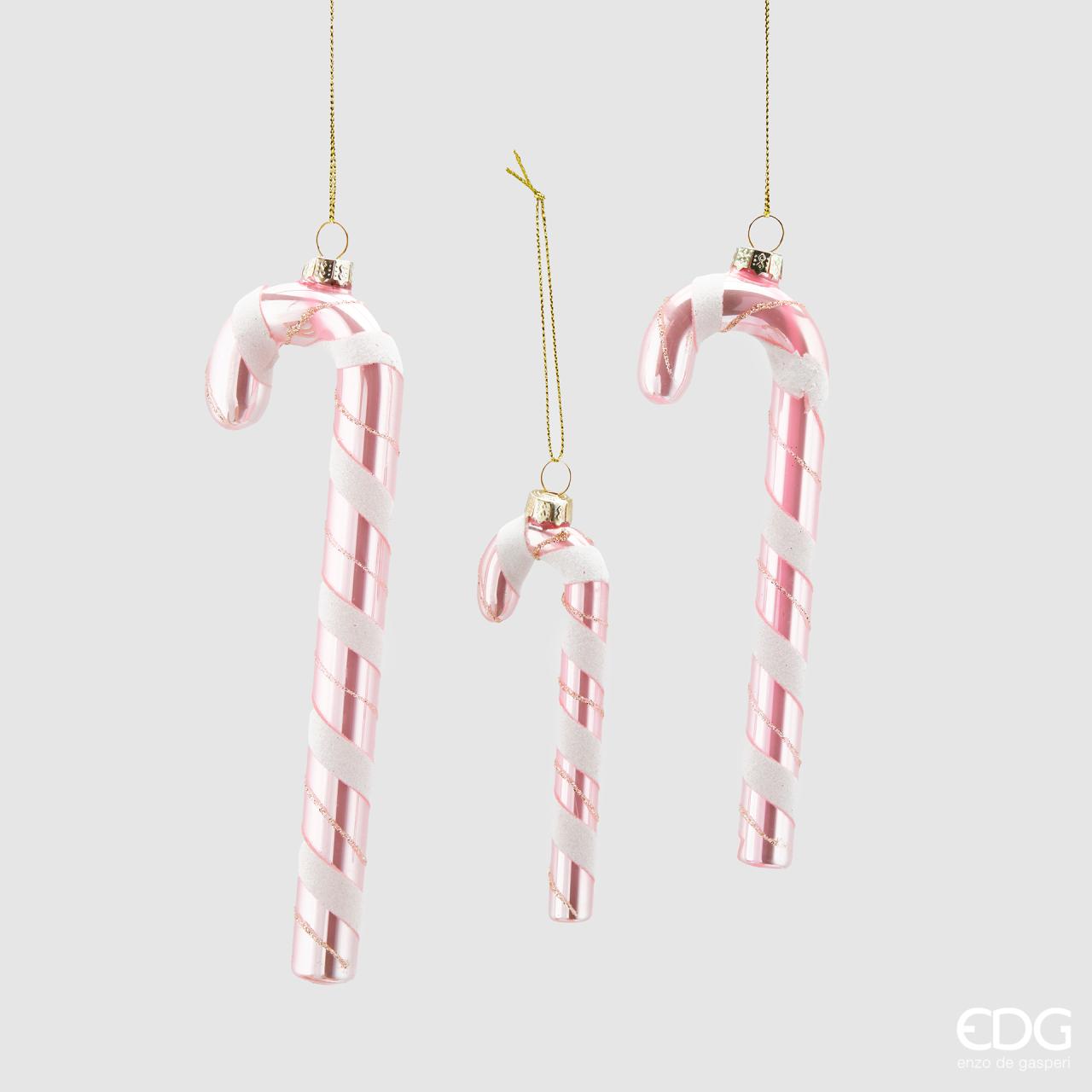 Decoro candycane, in vetro, colore rosa e bianco, set 3 pezzi. EDG