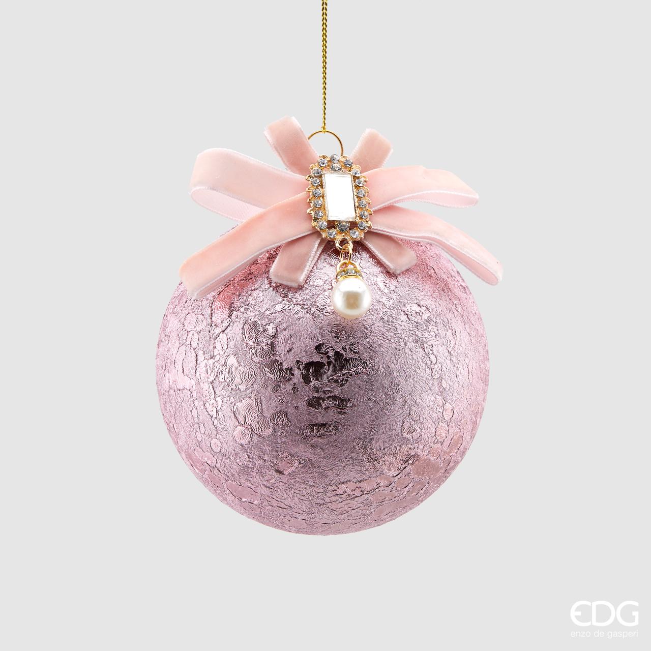 Palla in vetro, colore rosa, con fiocco in velluto e perla D. 10 cm. EDG
