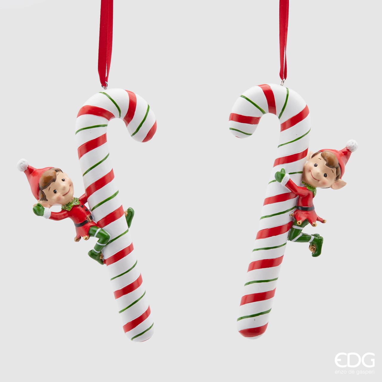 Decoro candycane con elfo, in poly, H.16cm., colore rosso, bianco e verde. EDG