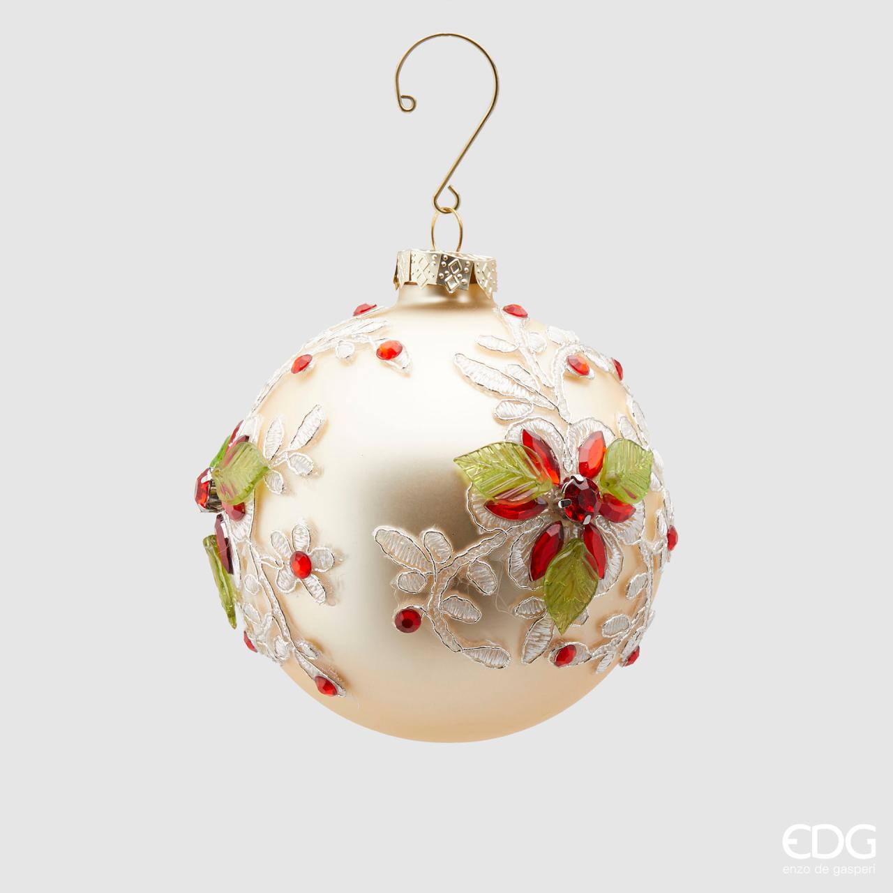 Palla in vetro, con fiori e foglie, colore verde, avorio e rosso, D. 10cm. EDG